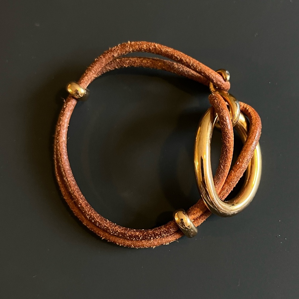 Fossil Leather and Steel Hook Bracelet with Gold Accents, cognac leather